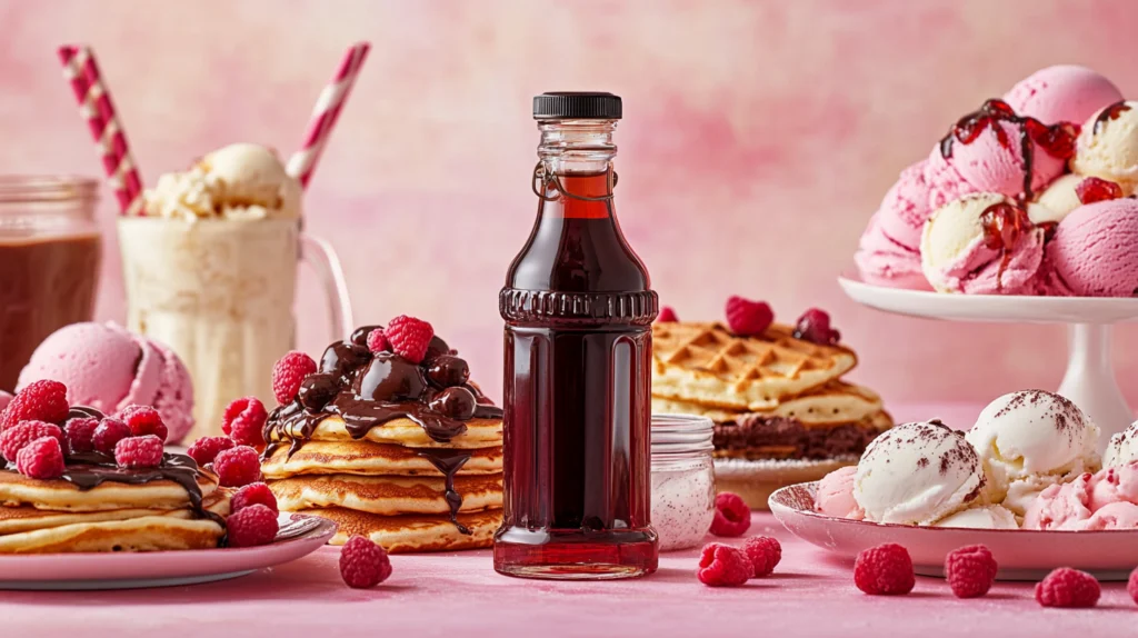 vibrant-dessert-table-featuring-a-bottle-of-chocolate-syrup-and-a-jar-of-chocolate-sauce