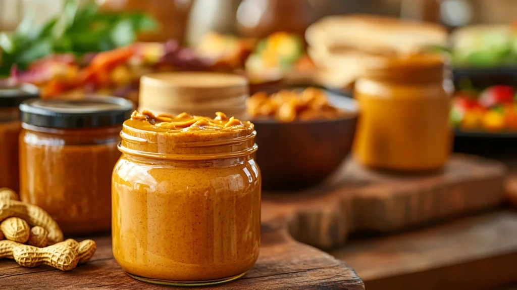 A realistic close-up of various jars of peanut butter on a wooden countertop.webp