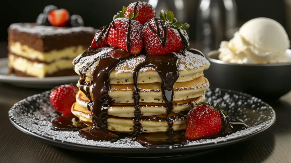 A stack of fluffy pancakes topped with chocolate sauce dripping down the sides, garnished with fresh strawberries and powdered sugar