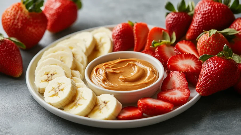 A vibrant spread showcasing sliced apples, bananas, and fresh strawberries next to a bowl of creamy peanut butter