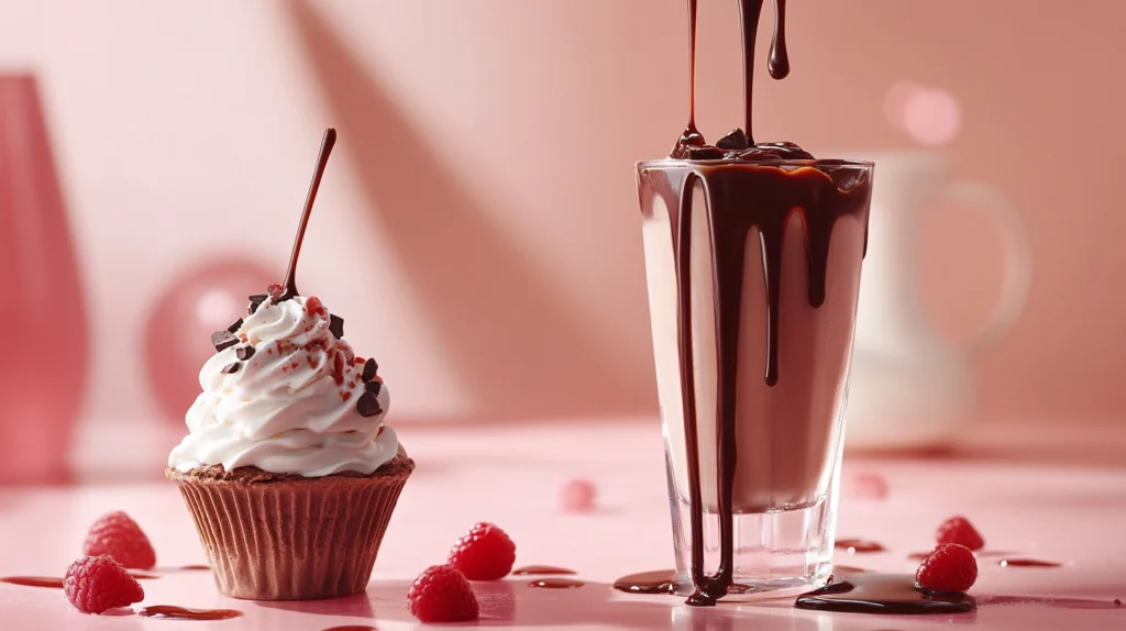 A glass of iced chocolate milk being poured with a thin stream of chocolate syrup next to a sunday