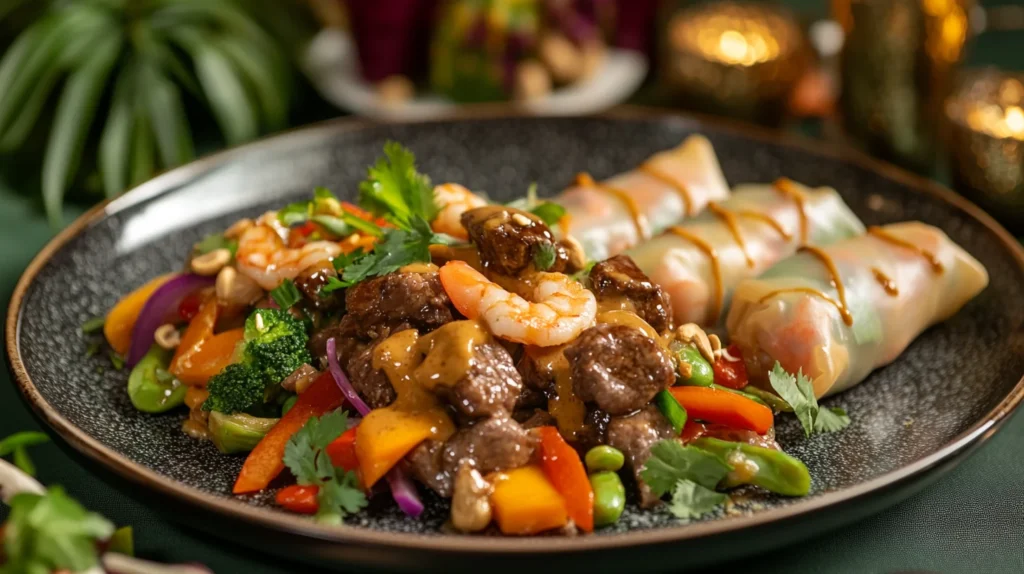 A plate of peanut butter beef stir-fry with colorful vegetables, accompanied by shrimp spring rolls drizzled with a creamy peanut butter.webp