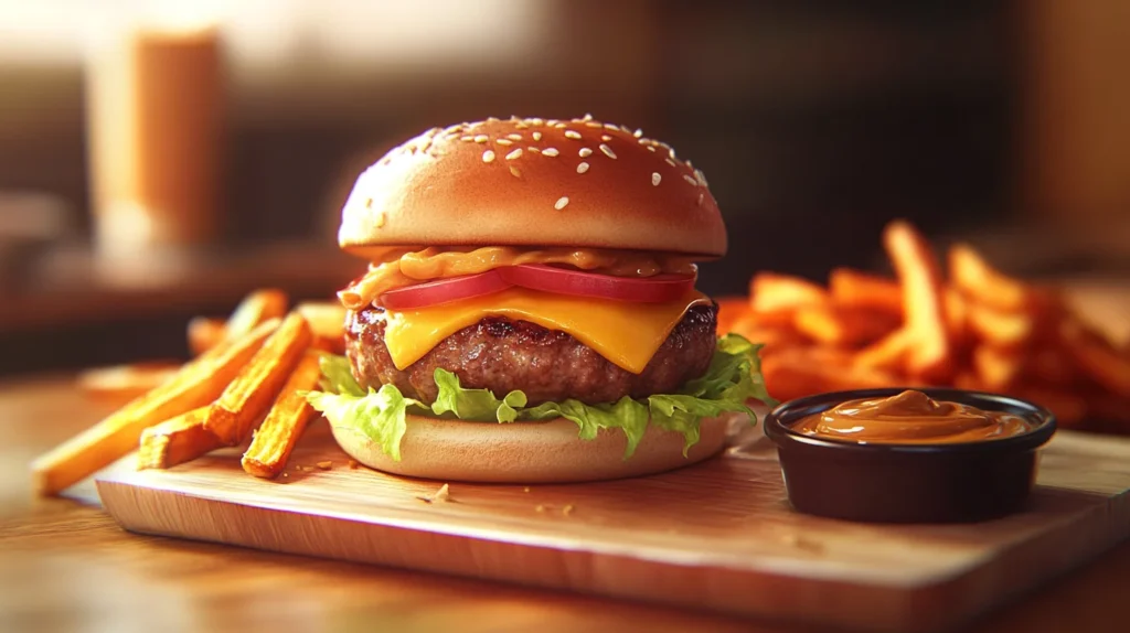 realistic gourmet scene of a peanut butter burger with a juicy beef patty, melted cheese, and lettuce, surrounded by sweet potato fries and a small dish of peanut butter for dipping