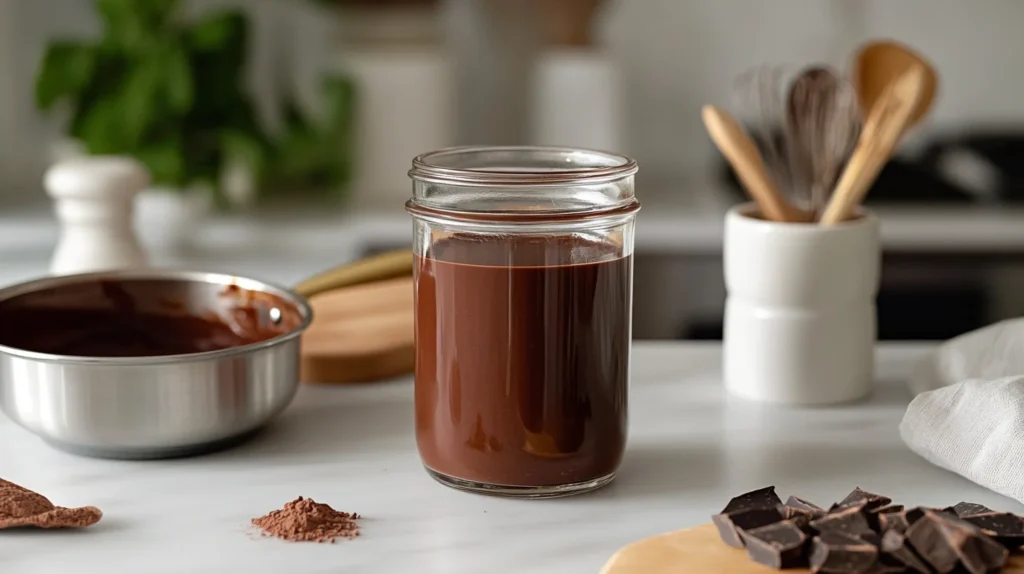 A minimalist kitchen setup with a glass jar of chocolate sauce.webp