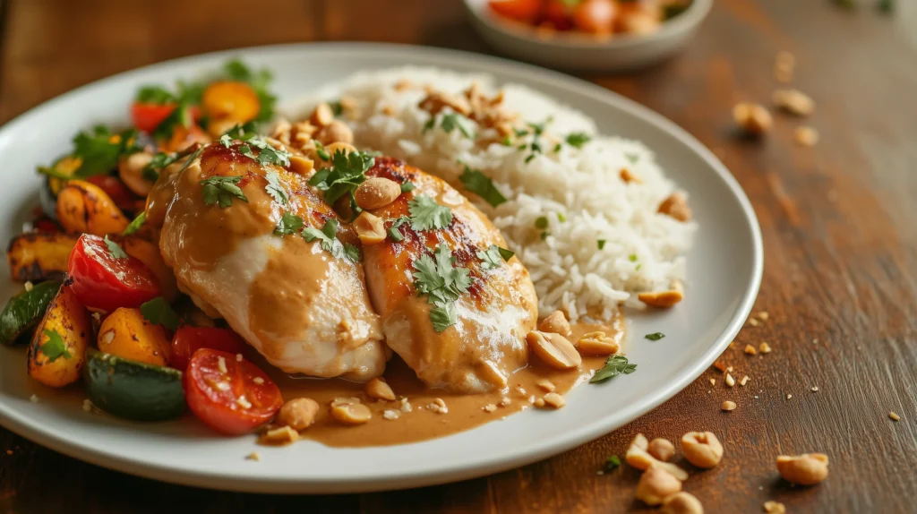 A delicious plate of chicken with peanut butter sauce, served on a white ceramic plate, garnished with fresh cilantro and chopped peanuts, next to a side of jasmine rice and colorful roasted vegetables