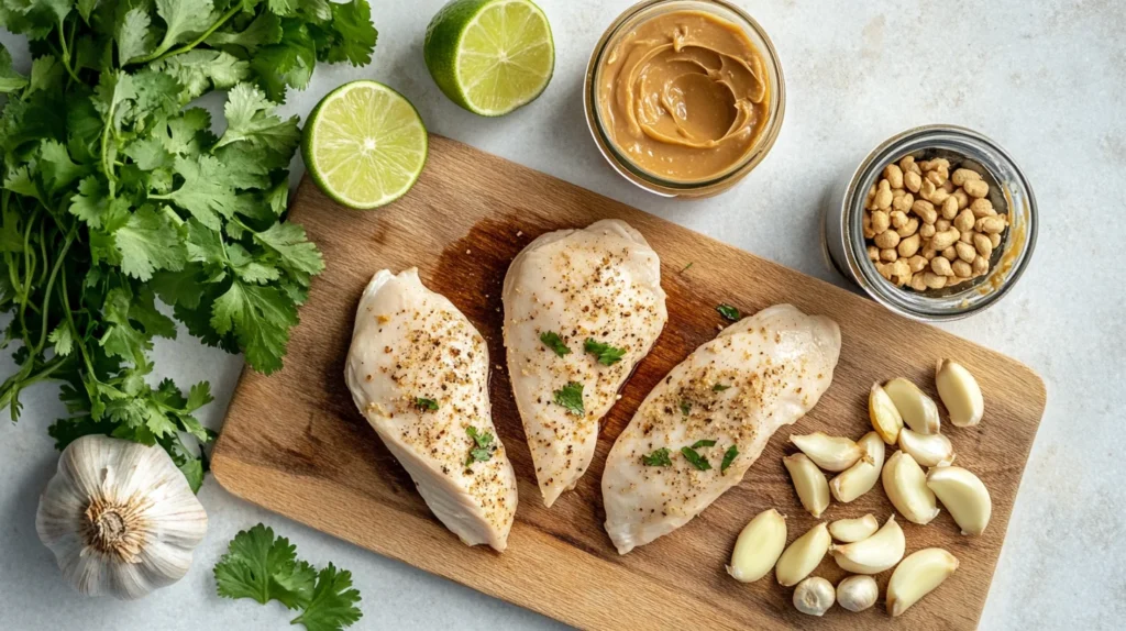 A flat lay of fresh chicken breasts, a jar of peanut butter, garlic cloves, ginger root, soy sauce, lime, and fresh herbs arranged neatly