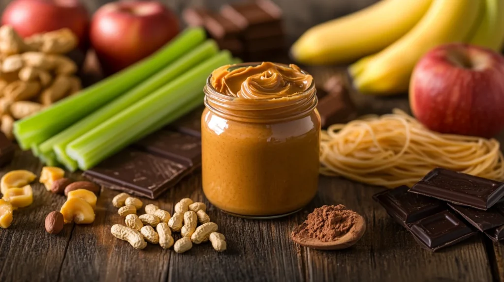 A visually stunning layout featuring a jar of creamy peanut butter surrounded by a variety of foods