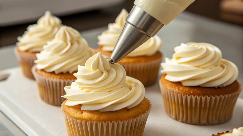 Piping American Buttercream swirls onto cupcakes.