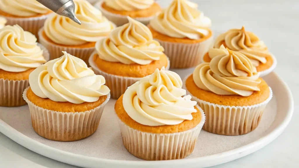 Piping Russian buttercream swirls onto cupcakes.