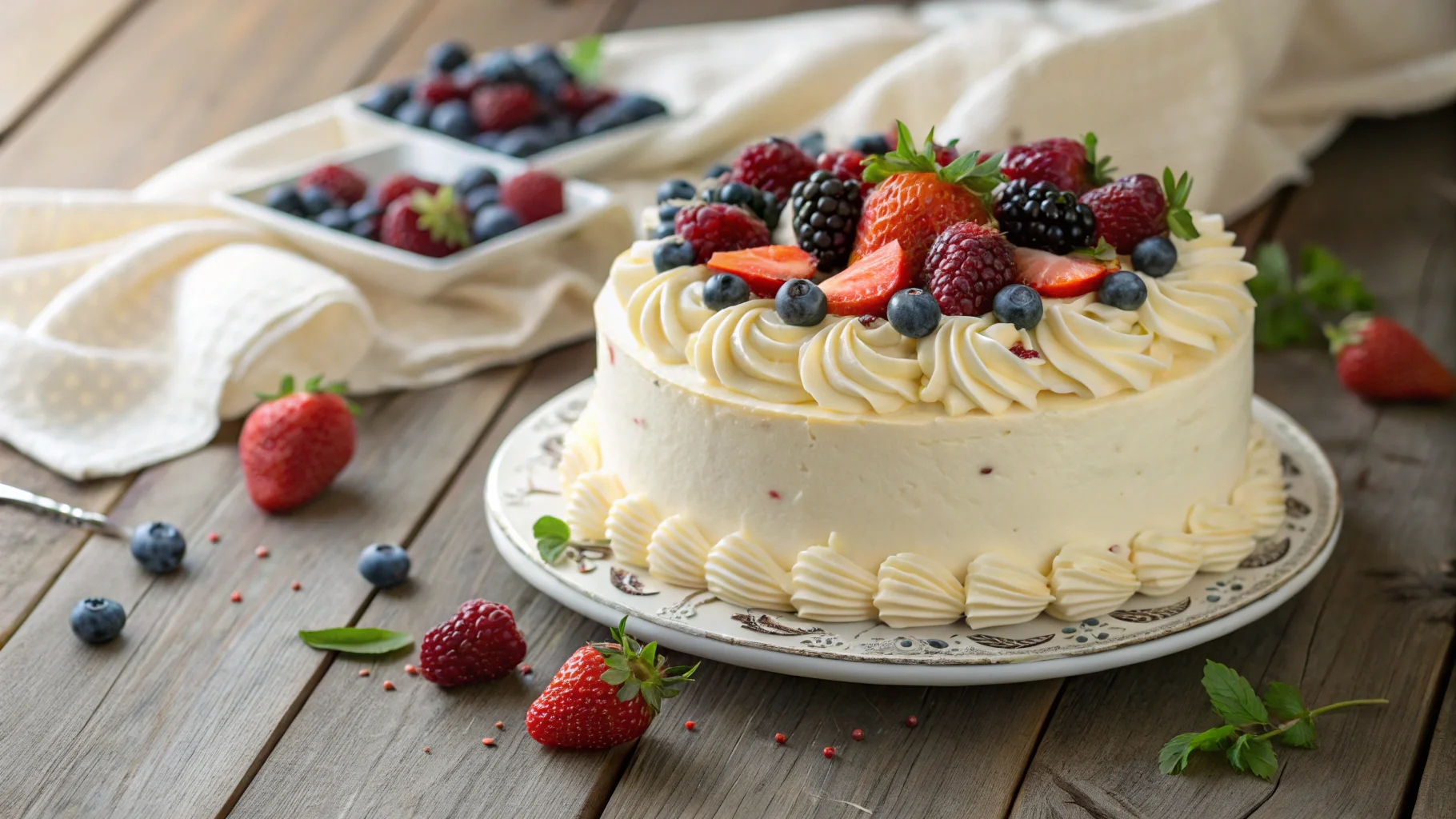 Silky smooth Russian buttercream cake with fresh berries