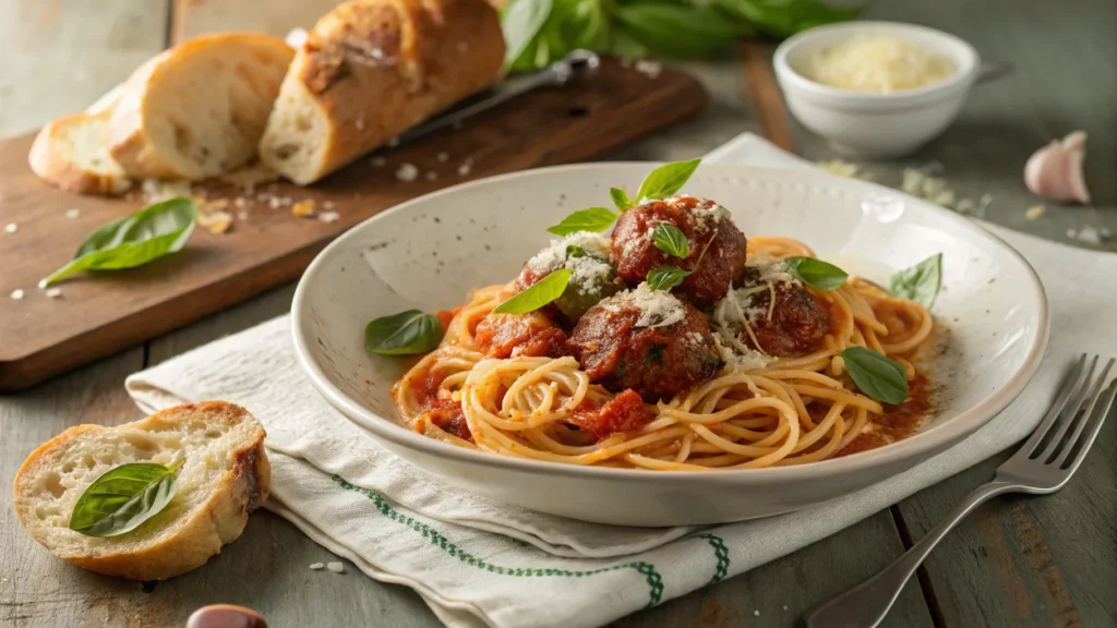 Plated spaghetti and meatballs garnished with basil and Parmesan.