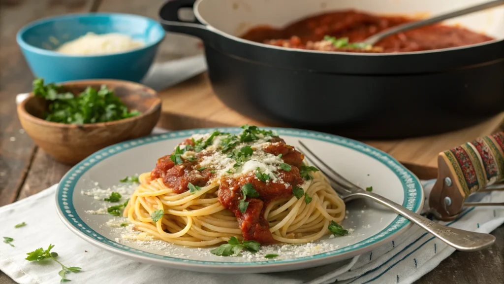 Plated spaghetti garnished with parsley and Parmesan, served alongside a Dutch oven.