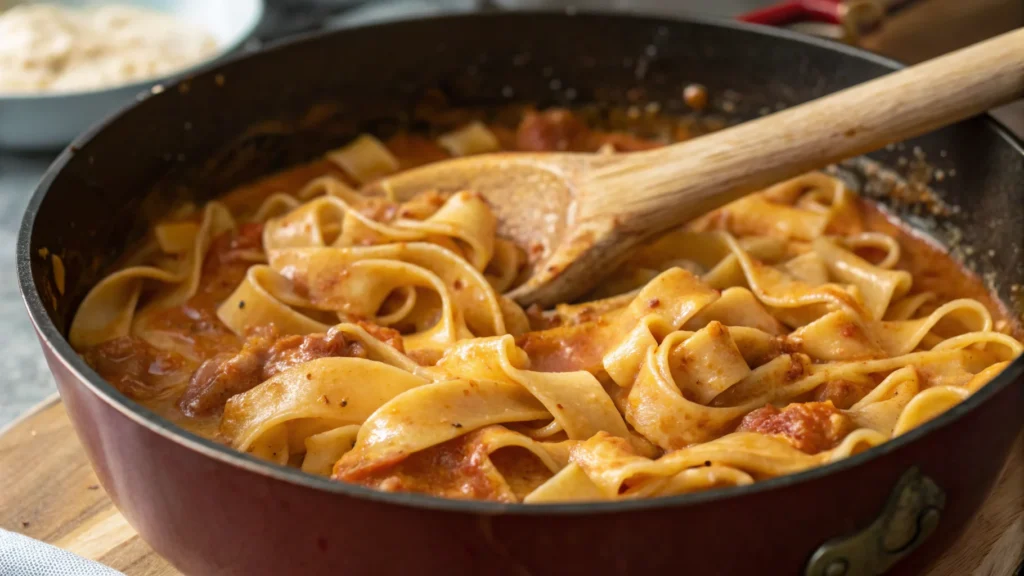 One-pot pasta cooking in a Dutch oven with sauce