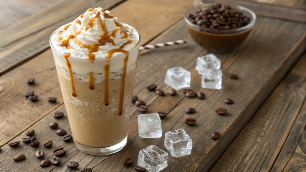 Iced caramel coffee frappe with whipped cream.