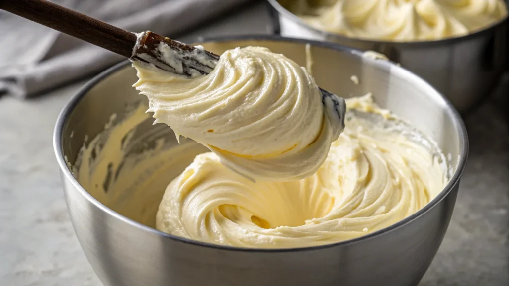 Smooth and glossy Russian buttercream in a mixing bowl.