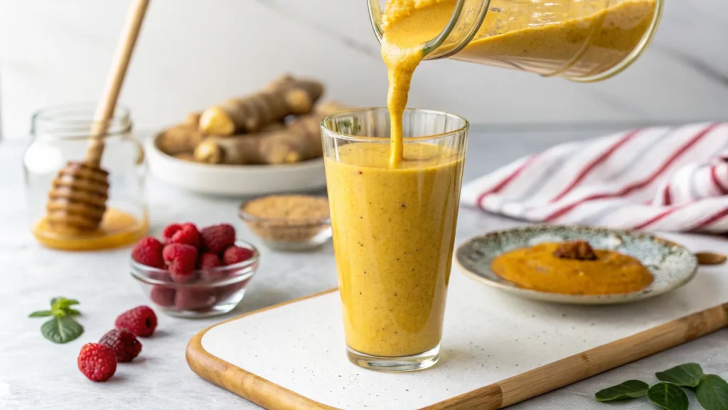 A thick berries, ginger, and turmeric smoothie being poured into a glass.