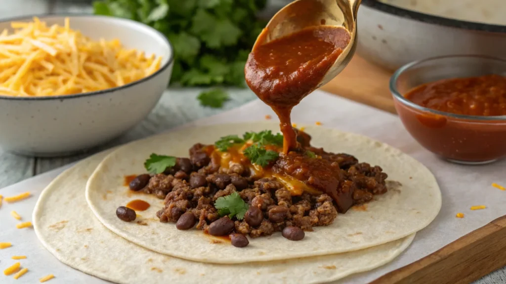 Close-up of a tortilla filled with seasoned beef, cheese, and beans, with enchilada sauce being poured on top during assembly.