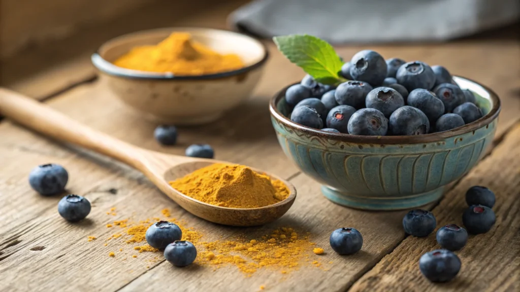 Fresh blueberries and turmeric powder on a rustic wooden table.