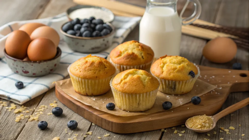 Freshly baked moist muffins on a rustic table