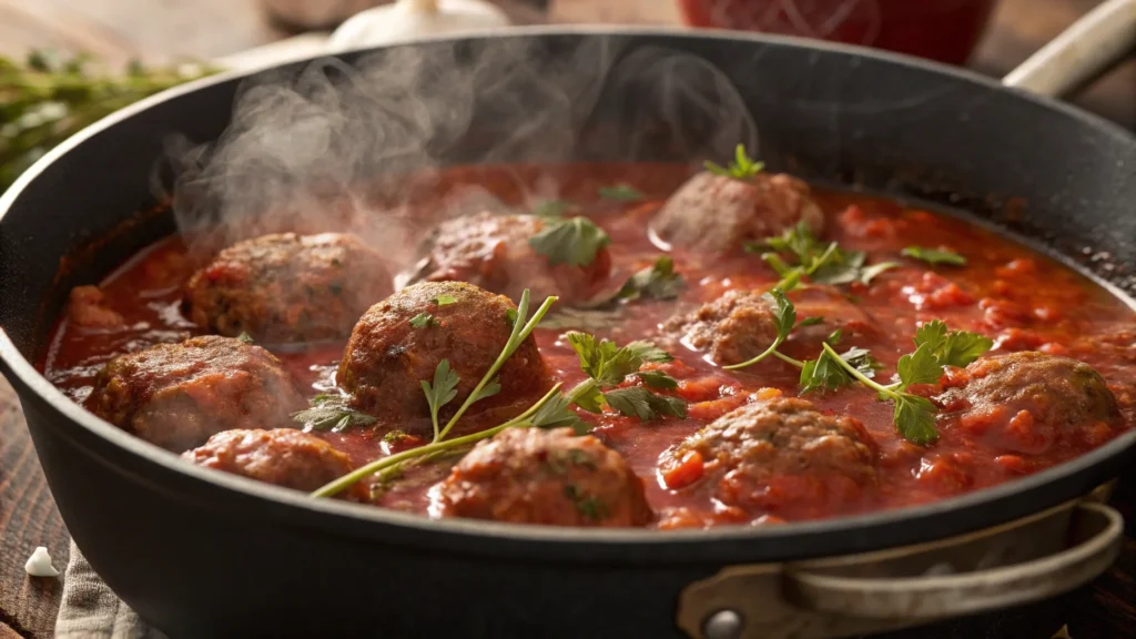 Raw meatballs cooking in tomato sauce with fresh herbs.