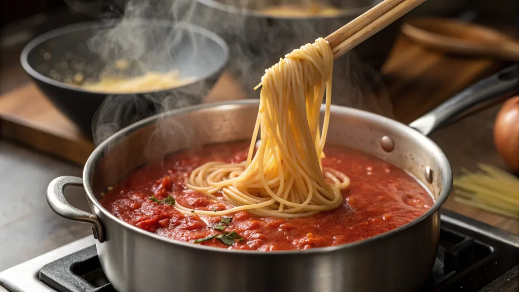 lose-up of spaghetti being stirred into marinara sauce in a Dutch oven.