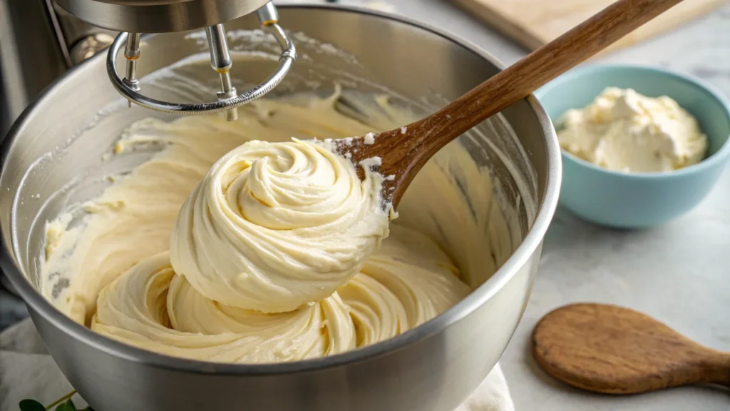 Smooth and creamy Russian Buttercream in a mixing bowl.