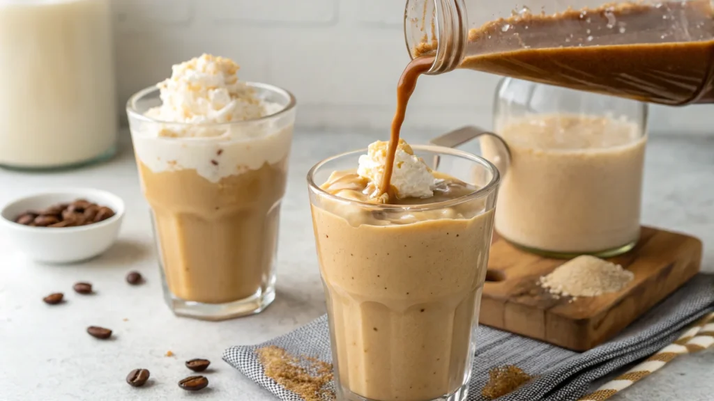 A smoothie and a frappe being poured into glasses, showing their different textures.