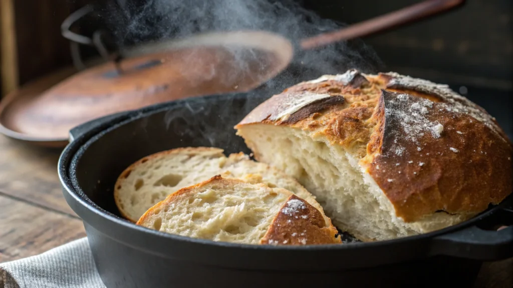 Artisan bread with golden crust being lifted from a Dutch oven.