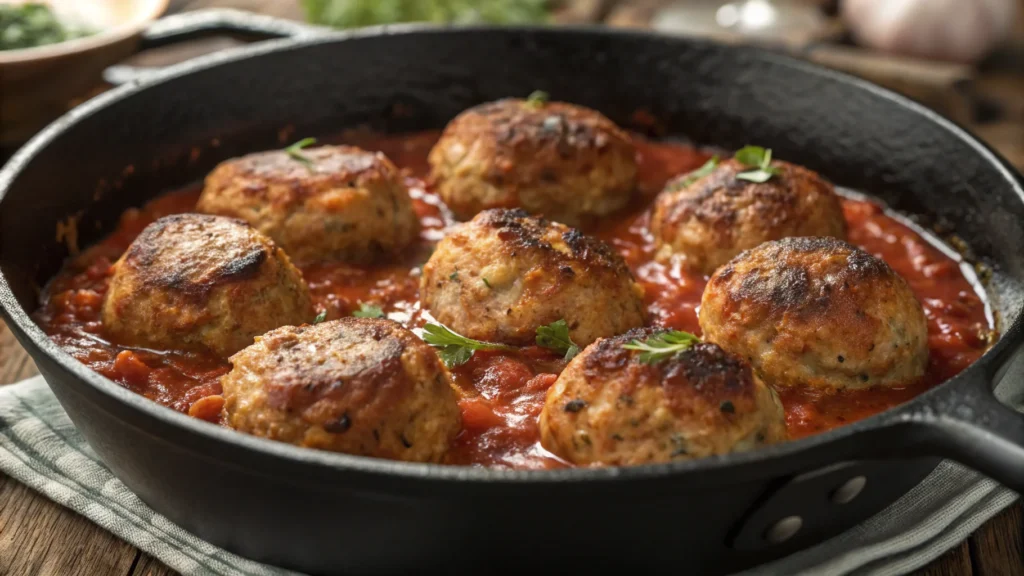 Close-up of meatballs searing in a Dutch oven with marinara sauce.