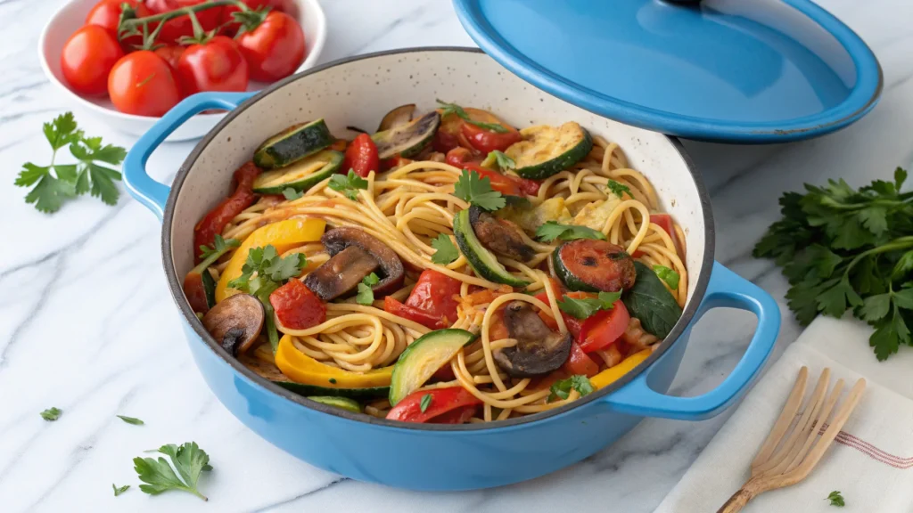 Vegetarian Dutch oven spaghetti with fresh vegetables