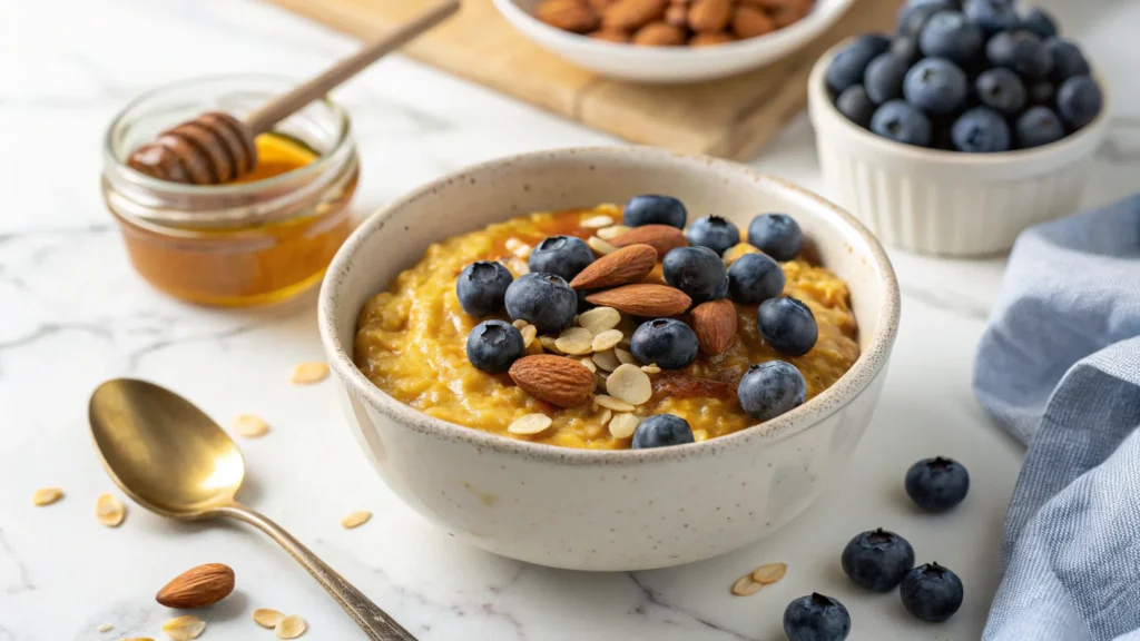 A bowl of turmeric oatmeal topped with fresh blueberries and almonds.