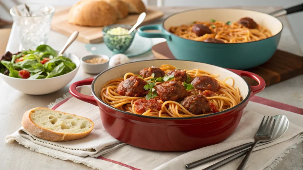 Dutch oven with spaghetti and meatballs on a family-style dinner table.