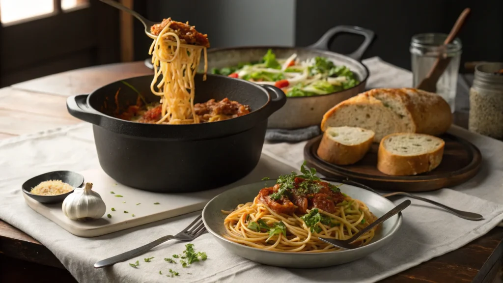 Spaghetti being served from a Dutch oven onto a plate on a dining table.