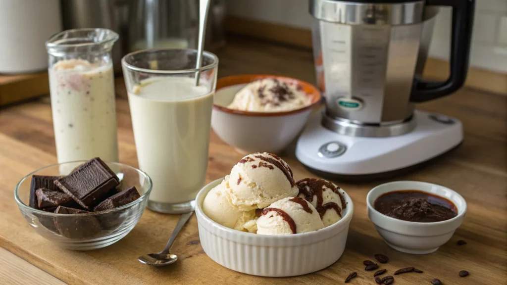 Frappe ingredients on a wooden kitchen counter