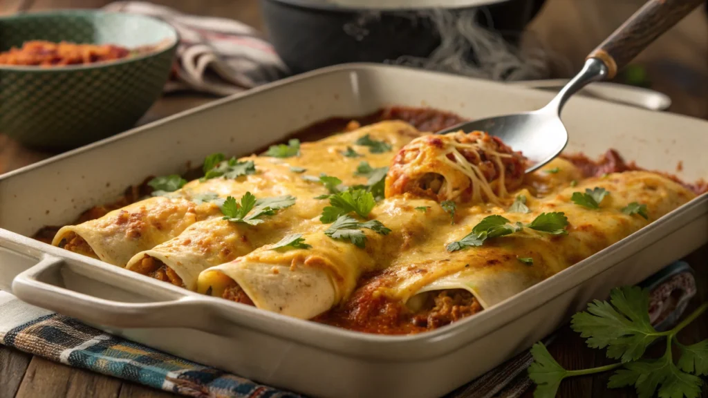 A tray of golden, bubbly Boulders enchiladas straight from the oven, garnished with fresh cilantro, with a spatula lifting one enchilada.