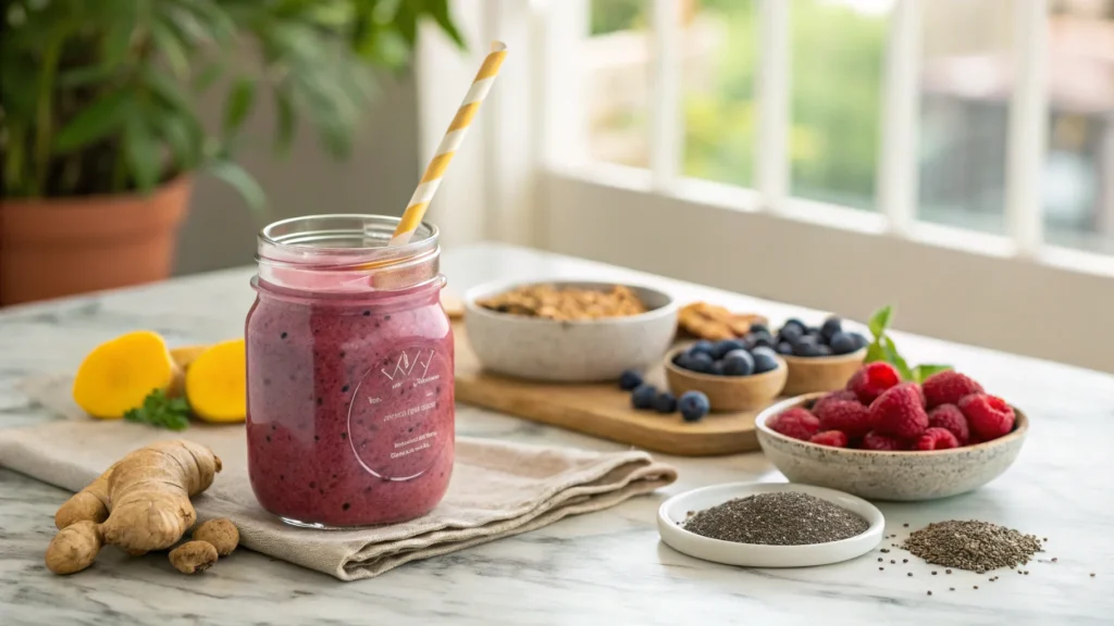 A glass of berries, ginger, and turmeric smoothie with fresh ingredients.