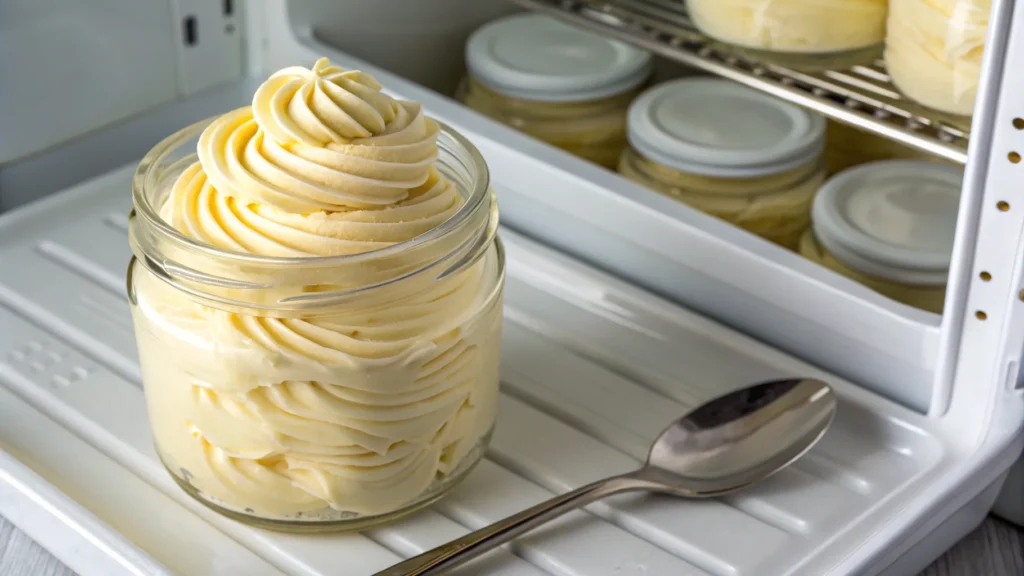 Russian buttercream stored in a jar in the fridge.