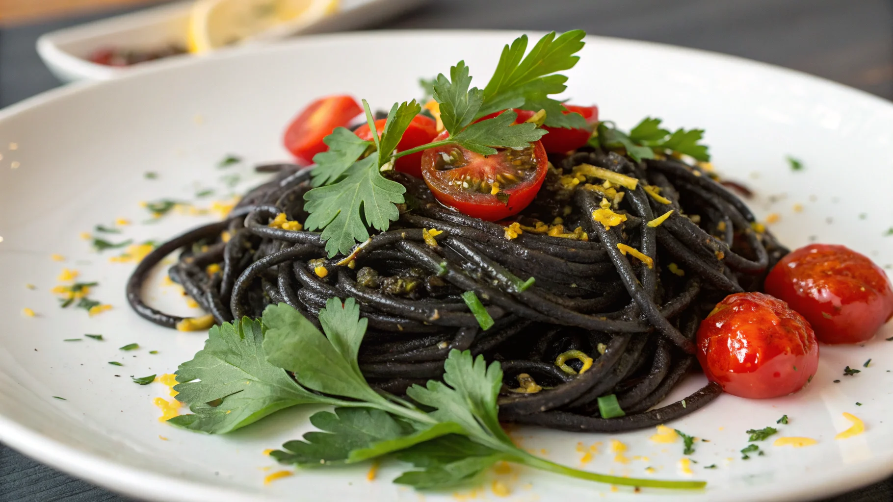 A gourmet plate of black spaghetti garnished with parsley and cherry tomatoes