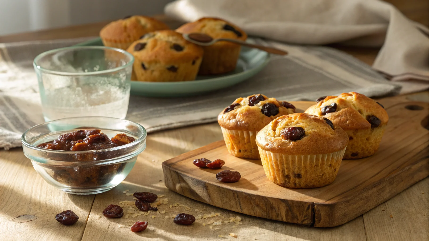 Freshly baked muffins with plump raisins and a bowl of soaking raisins