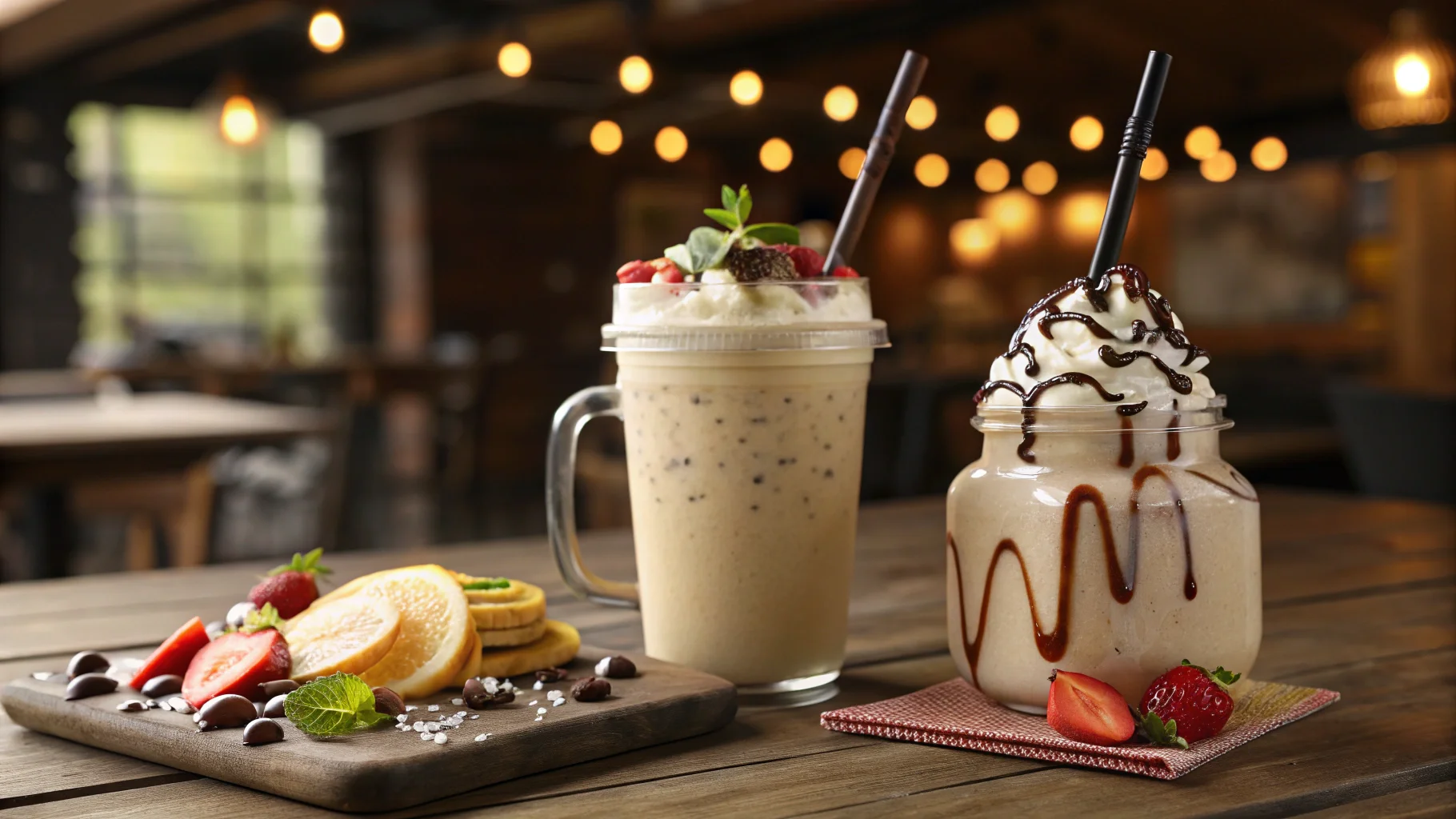 A smoothie and a frappe placed side by side on a wooden café table