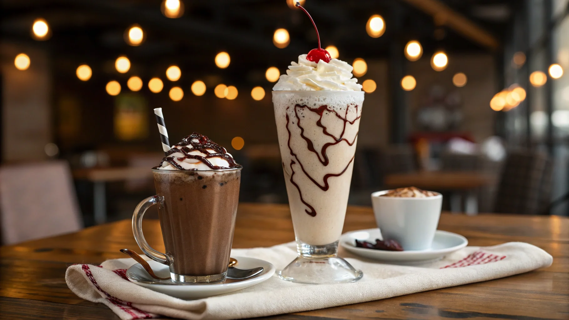 Chocolate frappe and vanilla milkshake side by side