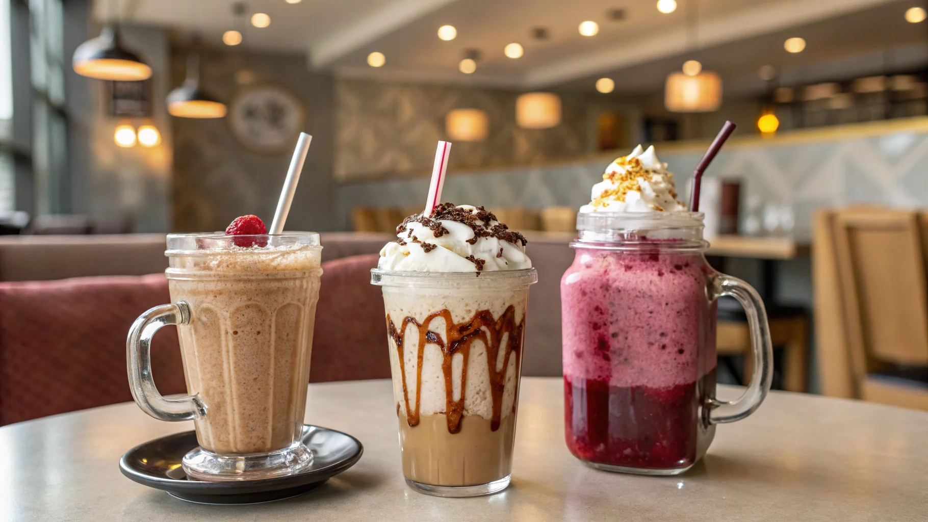 Frappe, shake, and smoothie in a café setting.