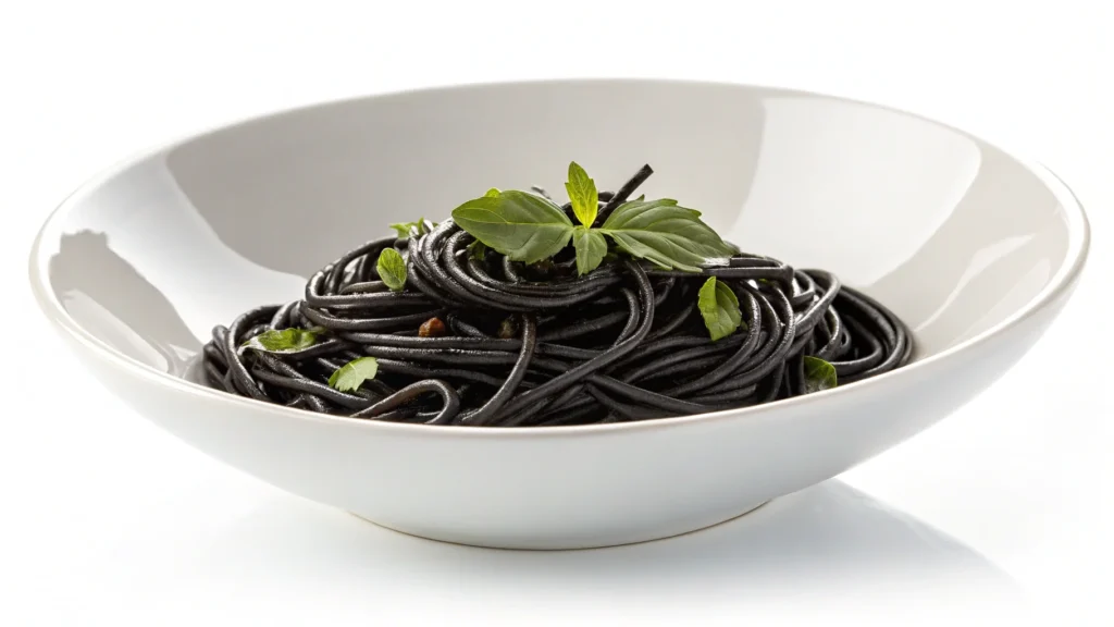 Black spaghetti in a white bowl with roasted vegetables and lemon.