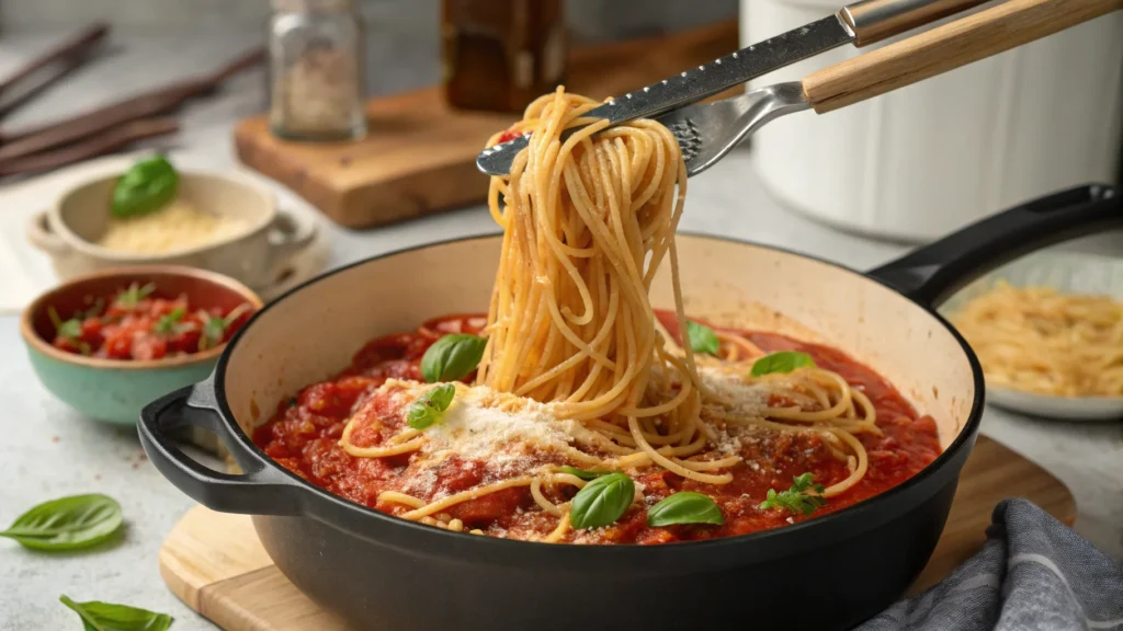 Tongs tossing pasta in tomato sauce inside a Dutch oven