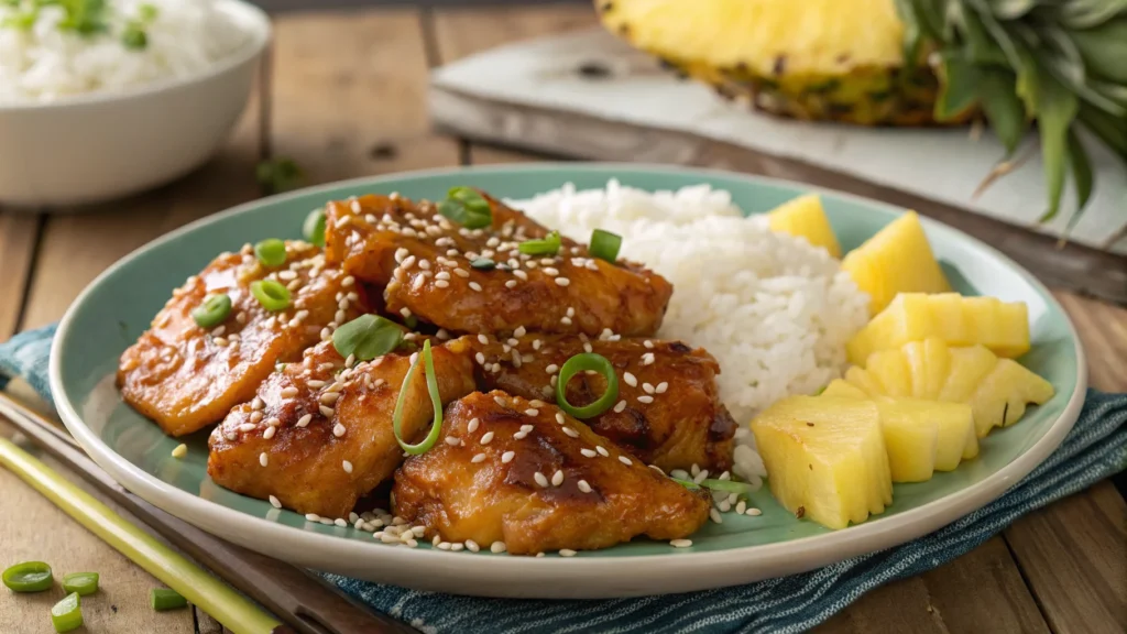 Kilauea chicken with rice and pineapple garnish