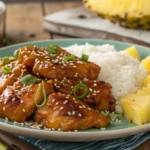 Kilauea chicken with rice and pineapple garnish