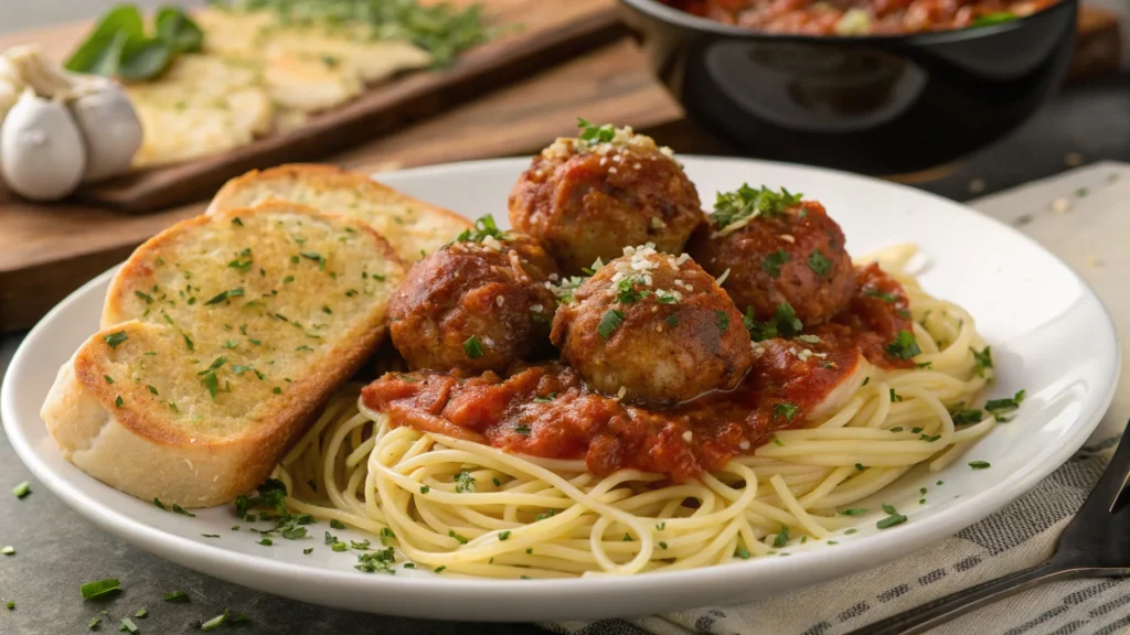 Meatballs and spaghetti served with garlic bread.