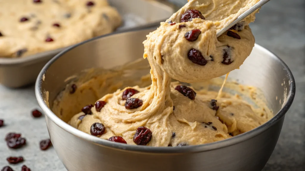 Muffin batter with soaked raisins being mixed