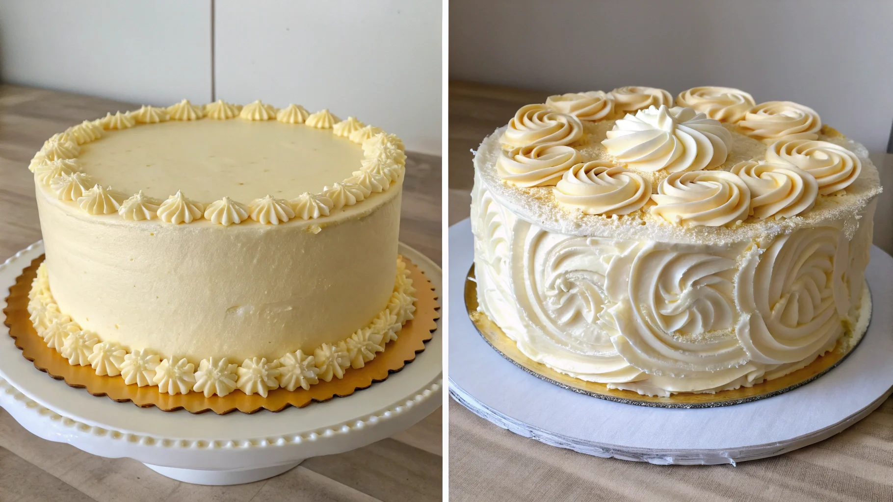 Side-by-side comparison of Russian Buttercream and American Buttercream cakes.