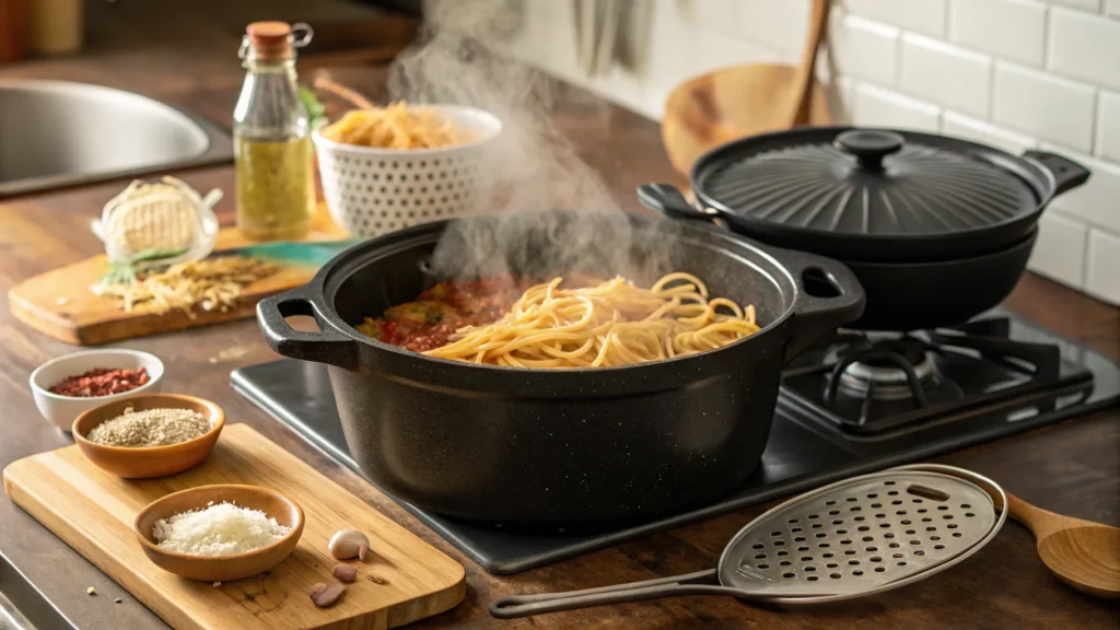 Dutch oven boiling spaghetti with steam rising